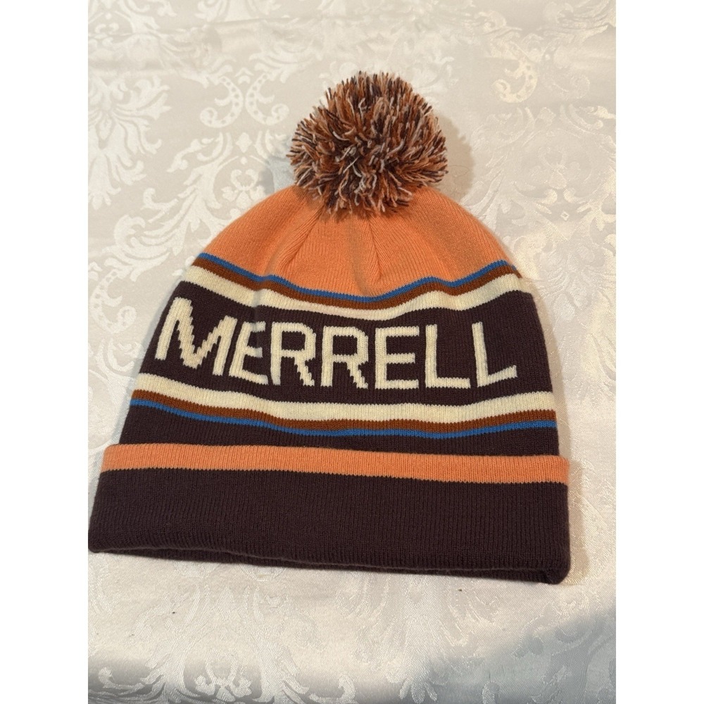 Merrell Hat Winter Knit Pom Top Beanie Cap Orange‎ Cuffed Outdoors